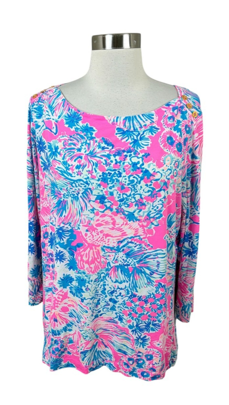 Lilly Pulitzer Alinda Top Womens XL Blue Pink Betta Fish & Coral Gold Buttons